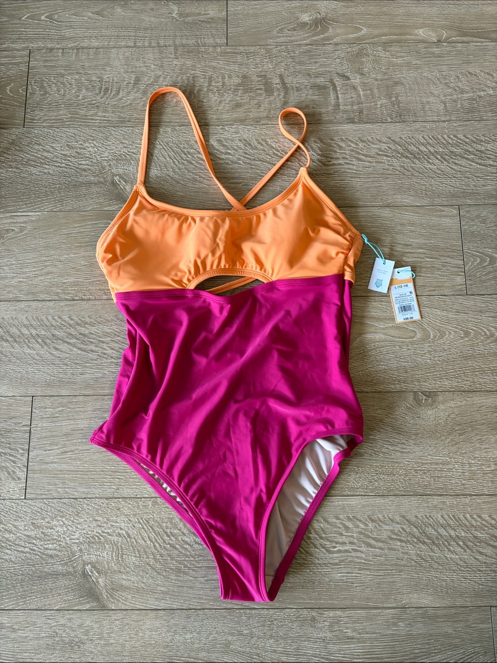 Kona Sol Orange and Fuchsia Colorblock One-Piece Swimsuit